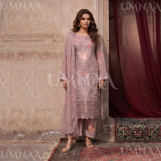UA-205 Embroidered Chiffon 3-Piece with Printed Lining & Trouser