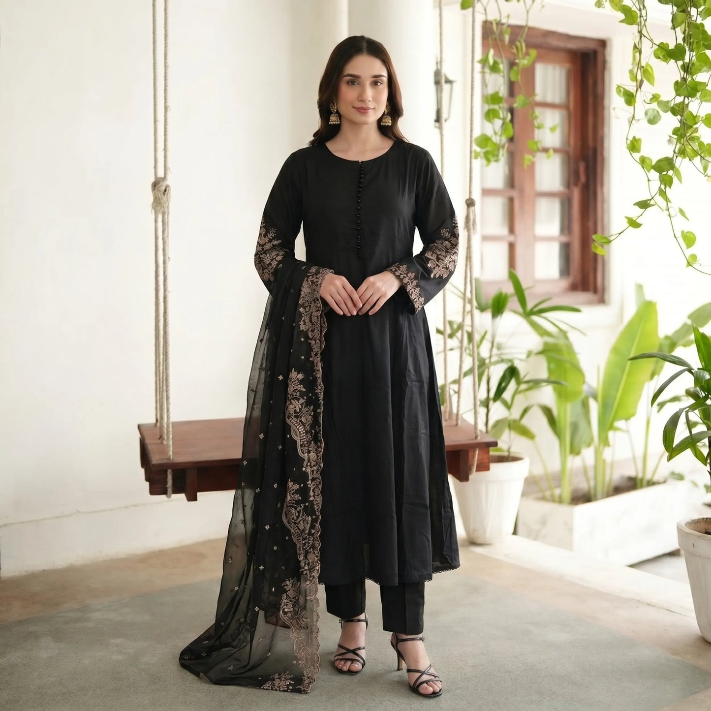 Embroidered Linen Long Frock Dress with Heavy Embroidered Chiffon Dupatta (UMNAA)