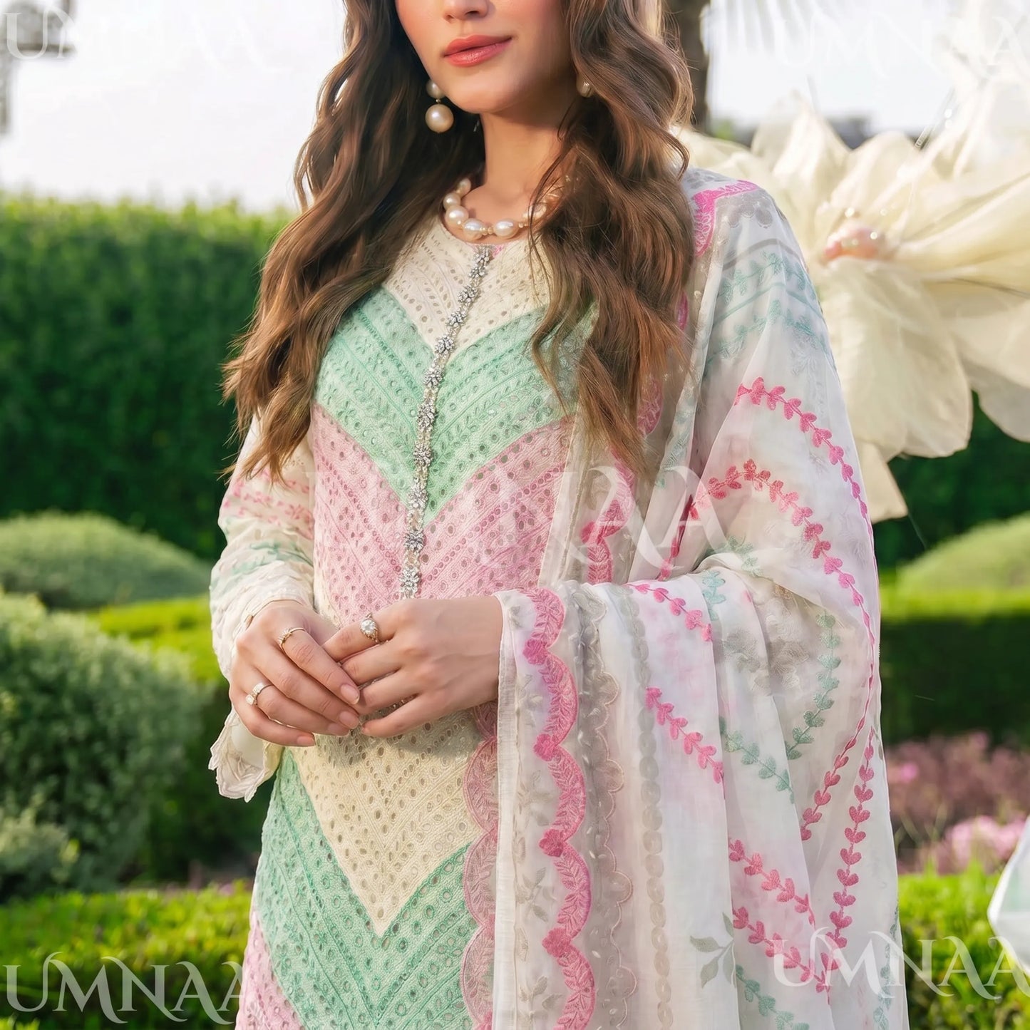 UA-208 Embroidered Chikenkari Cambric Cotton Pastel Festive Collection by Umnaa - Ready to Wear Pakistani Asian clothes