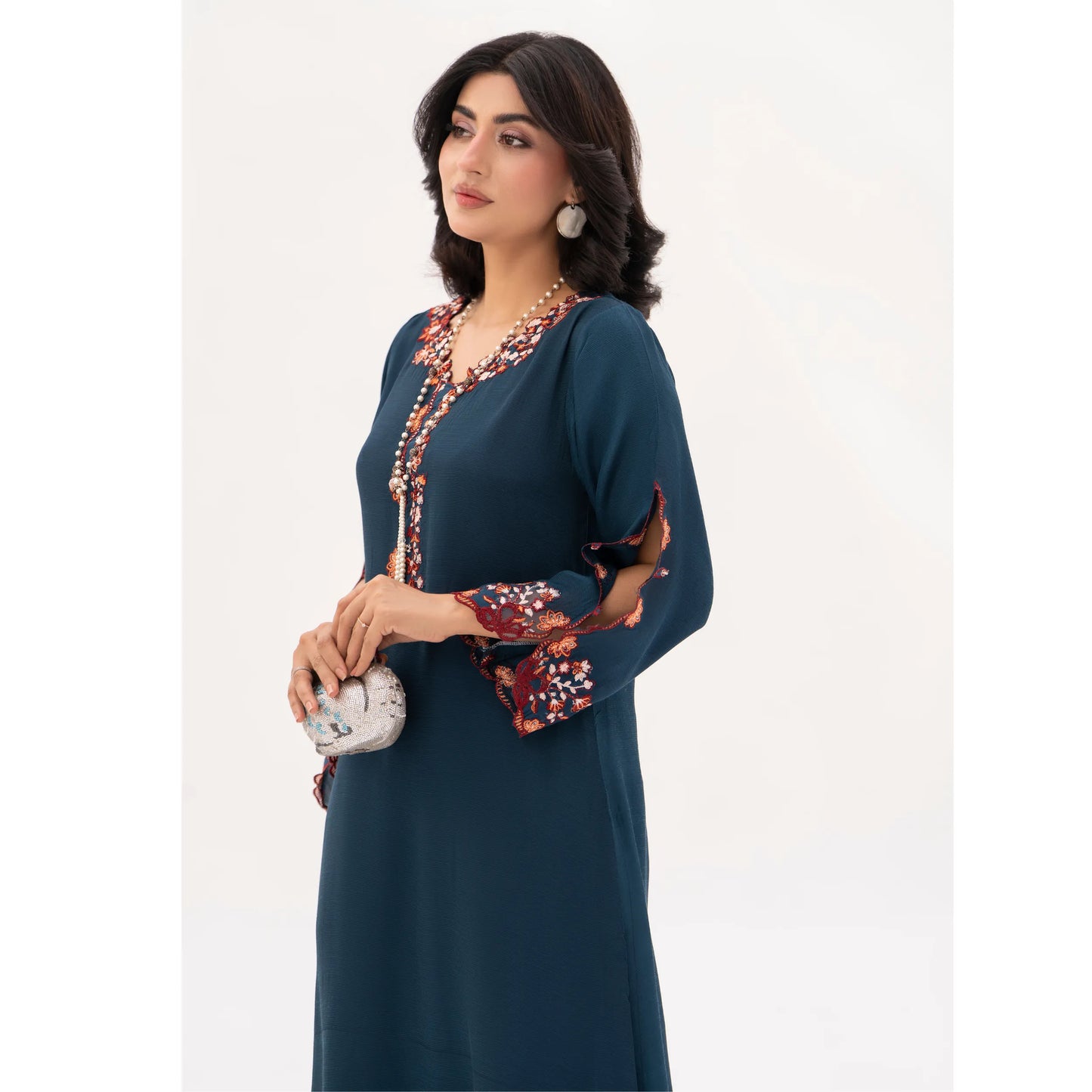 RA-32 MIDNIGHT BLOSSOM Embroidered Raw Silk Long Kaftan Style 2 Piece | Elegant Women's Festive & Formal Wear