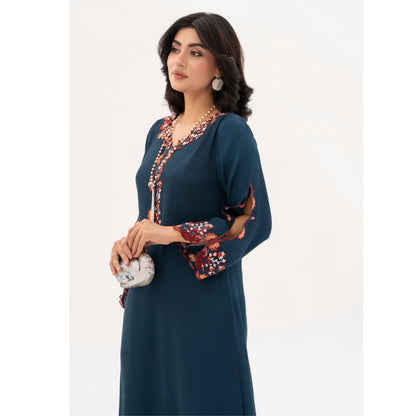 RA-32 MIDNIGHT BLOSSOM Embroidered Raw Silk Long Kaftan Style 2 Piece | Elegant Women's Festive & Formal Wear