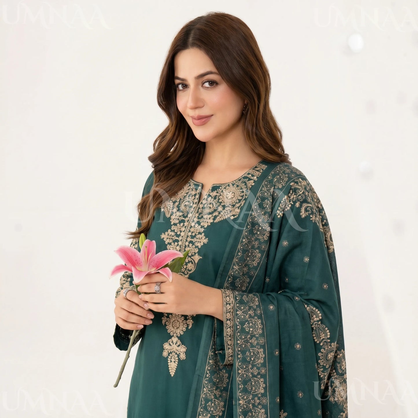 UA-222 Embroidered Cotton Ready to Wear Collection Pakistani Asian Women | 3 Piece Shirt Trouser Duppata by Umnaa