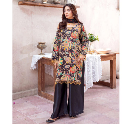 UA-225 Trendy Indian Armani Silk 3 Piece Suit by Umnaa | Embroidered Kameez with Shamoos Silk Shararah & Apple Silk Dupatta | Festive & Party Wear