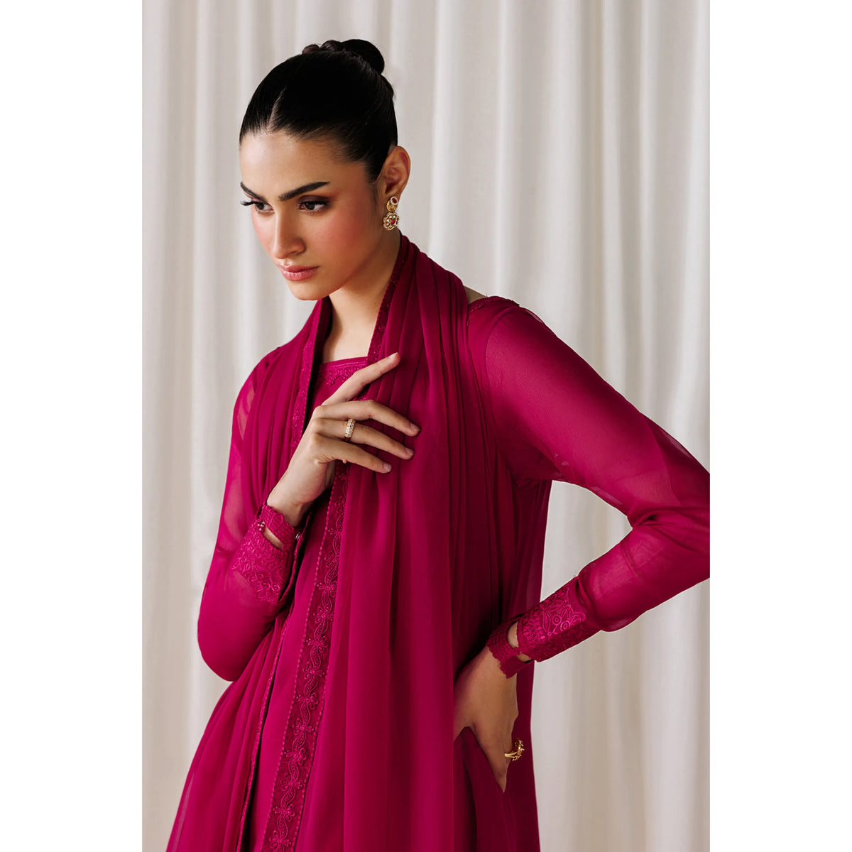 UA-230 Chiffon Sharara Full Sleeves Lined 3 Piece Suit | Chiffon Shirt with Embroidered Sharara & Dupatta | Formal Party Wear
