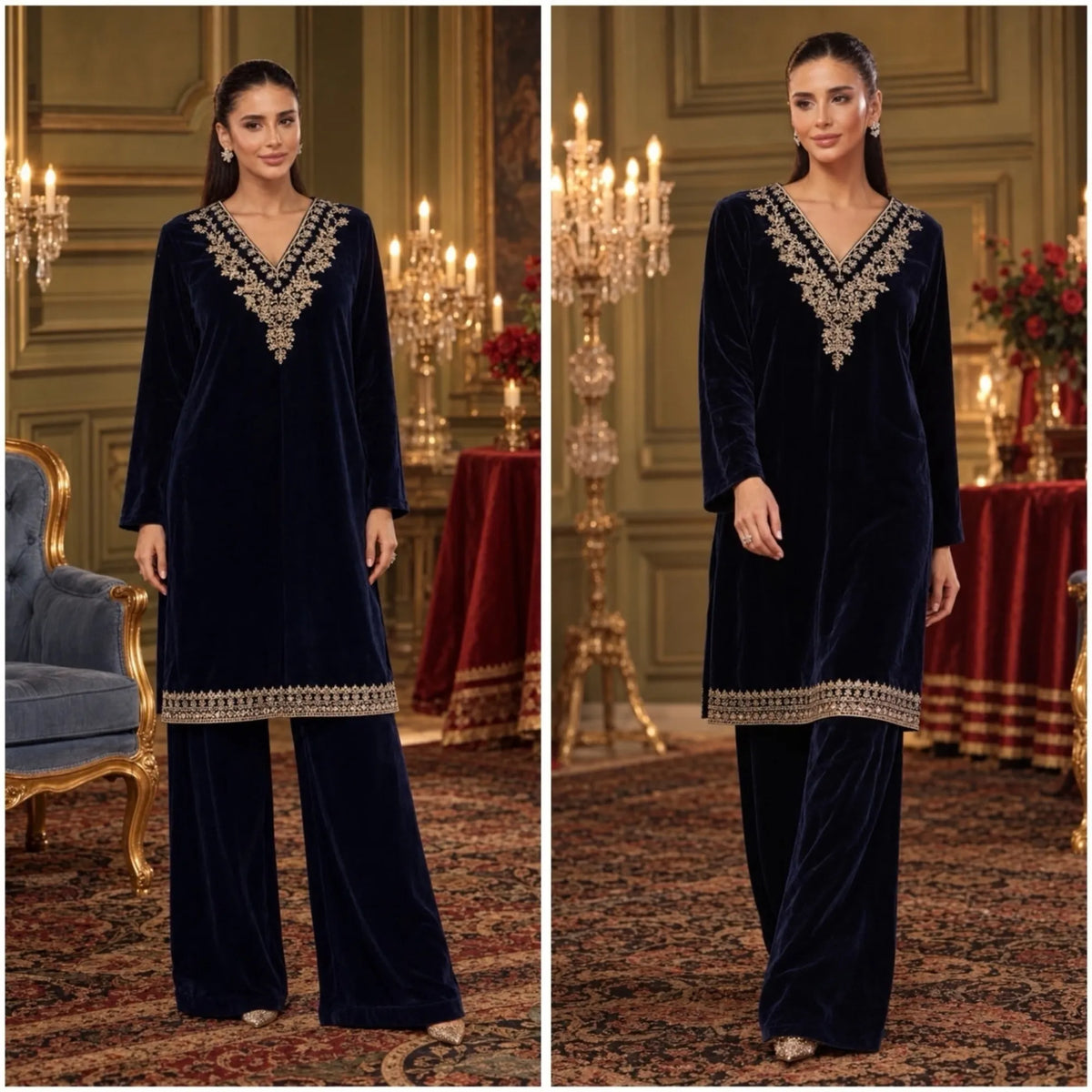 RA-42 Mehr-e-Noor Luxury Velvet Co-Ords | Raniya.h - Navy Blue