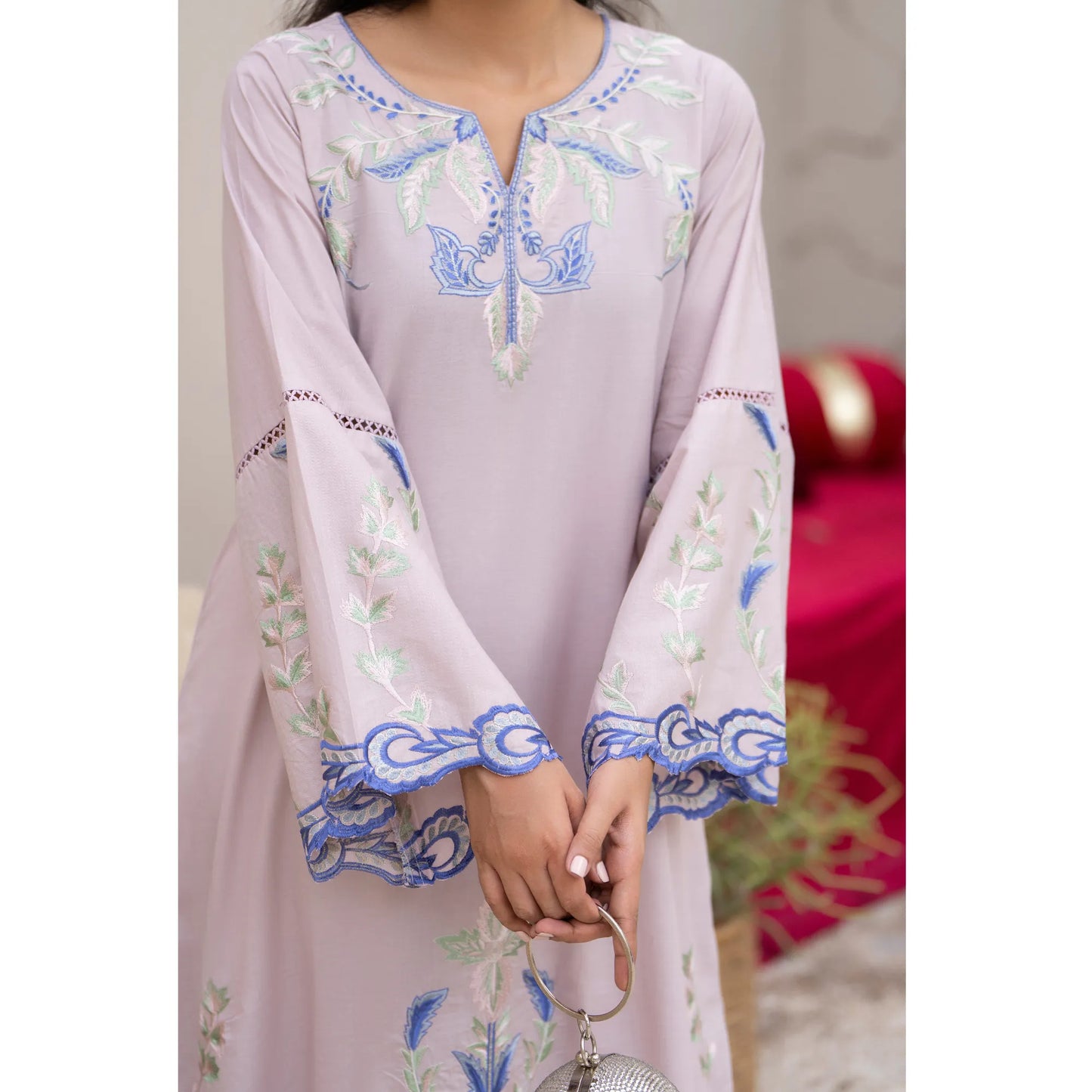 UA-247 Embroidered Cambric Cotton Kaftan Style Co-Ord Set Asian Wear | Umnaa