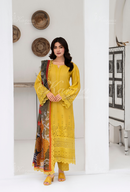 KC- 1385 | Mustard | 3 Pc | Chikenkari Cotton Lawn | Karma Collection