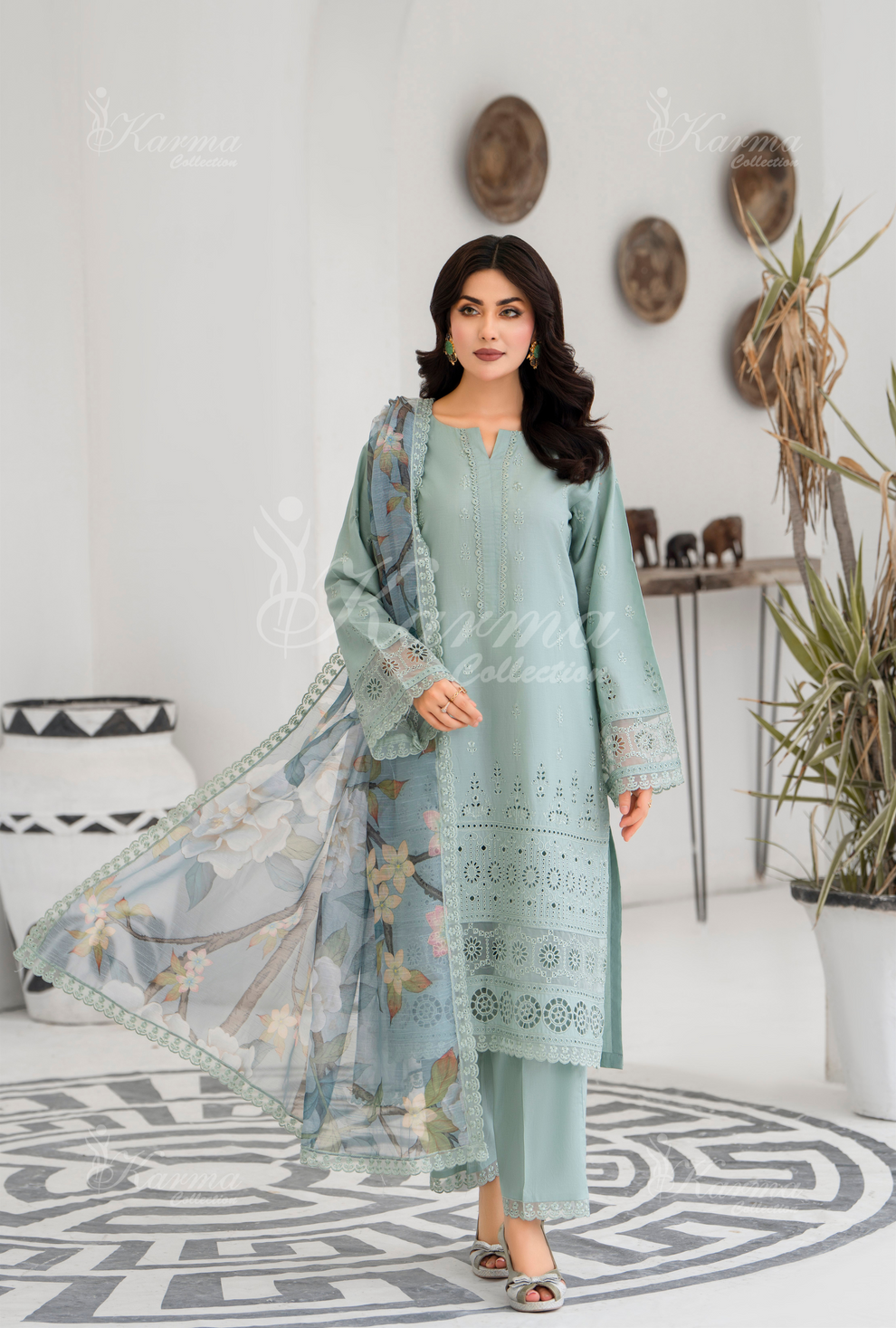 KC- 1394 | Mint Blue | 3 Pc | Chikenkari Cotton Lawn | Karma Collection