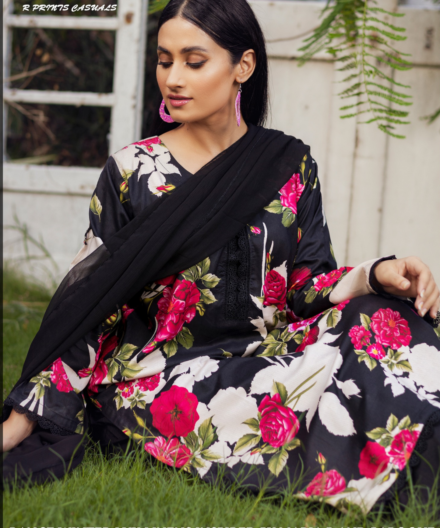 Black | Printed Linen Shirt & Trouser With Chiffon Dupatta| Ready to Wear 3 Pc dress - Rangz