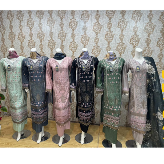 3 Pc Embroidered Linen Dress With Cotton Silk Printed Dupatta  By UB