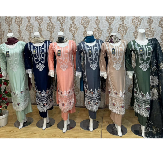 3 Pc Embroidered Linen Dress With Cotton Silk Printed Dupatta  By UB