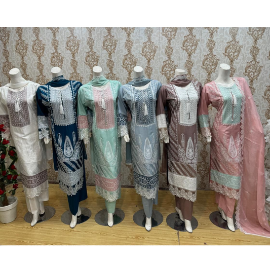 3 Pc Embroidered Linen Dress With Embroidered Chiffon Dupatta  By UB
