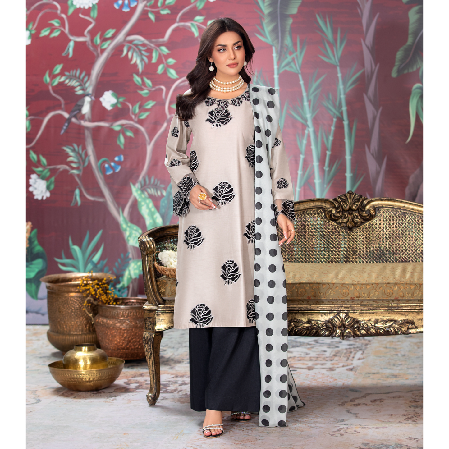 (Bone Beige) 3 Pc Embroidered Viscose Pakistani Dress With Silk Printed Dupatta  | Winter Wear | Heera's
