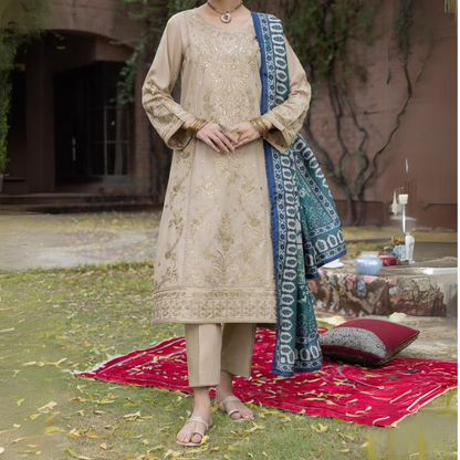 (Ivory) Embroidered Linen 3 Pc Ready to Wear by Casuallite