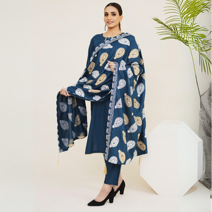 (Teal Blue) 3 Pc Dhanak Dress with Embroidered Dhanak Shawl | Winter Collection | Rangz