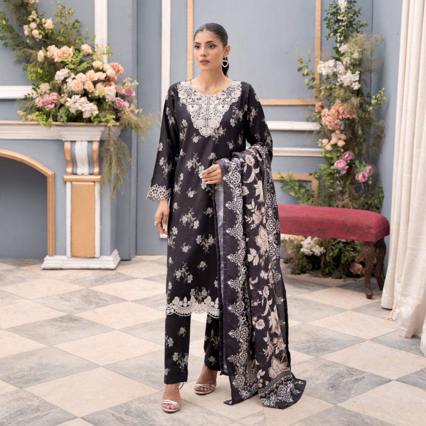 (Black) Embroidered Printed Dhanak Dress with Dhanak Shawl | Winter Collection | Raniya.h
