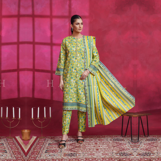 (Yellow) Printed Khaddar Dress  |3 Pc| Winter Collection | Hayats