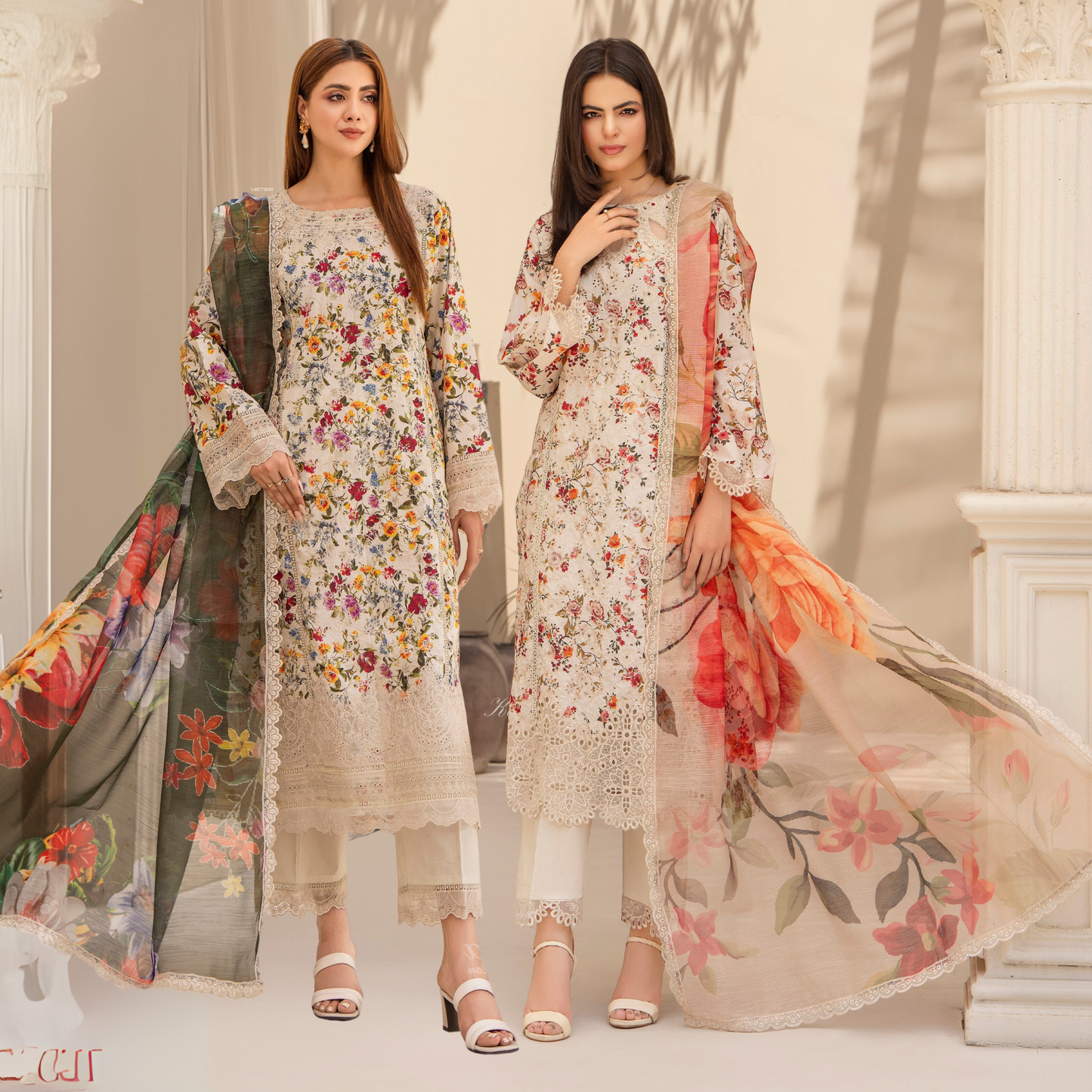 Multi floral Print Cotrai dhanak with pasmina wool shawl 3 Pc - Karma Collection | UMKC0601