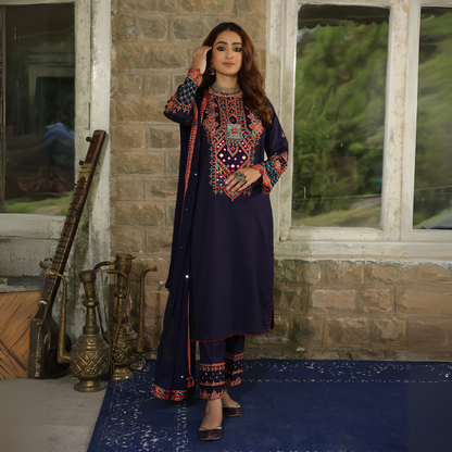 3 Pc Embroidered Linen Dress With Chiffon Dupatta | UMNAA