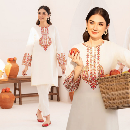 UA-49 Embroidered Cambric  Cotton with Pockets 2 Pc Co Ord Set Dress | Ready to wear | UMNAA