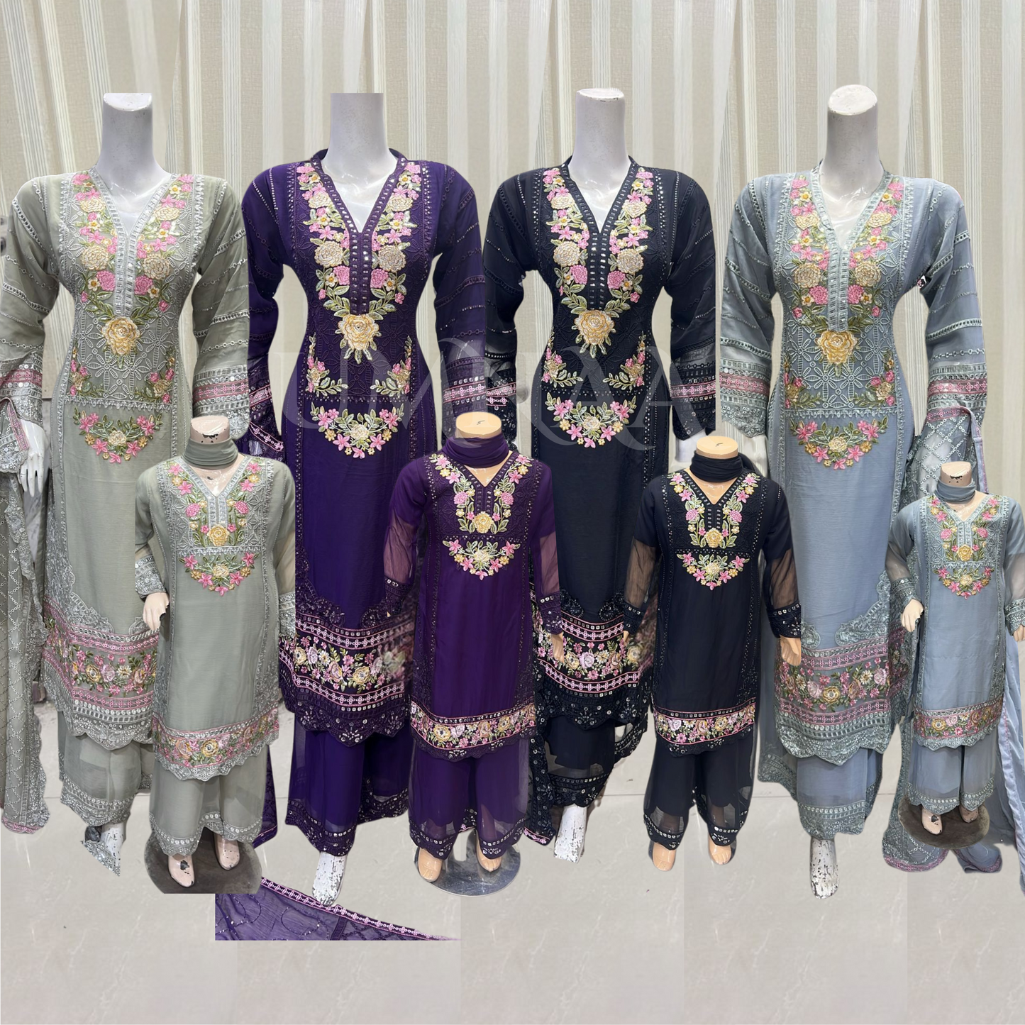 UA-52 3 Pc Luxury mother daughter Embroidered Chiffon Collection- Umnaa