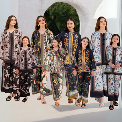 2 Pc Mother & Daughter Pakistani Printed Co-ord Set Collection by Garnet