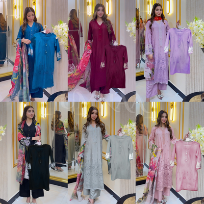 UA-46 3 Pc Luxury mother daughter Embroidered Linen Collection-UMNAA