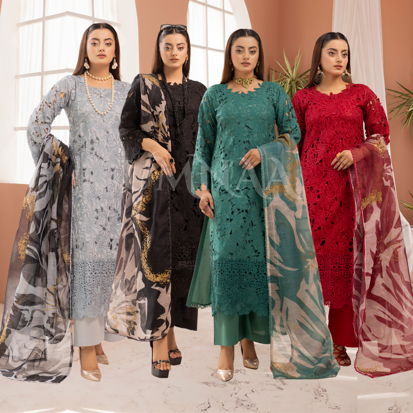 UMS-16 3 Pc Chikenkari Cambric Cotton Ready to Wear Dress | Simrans