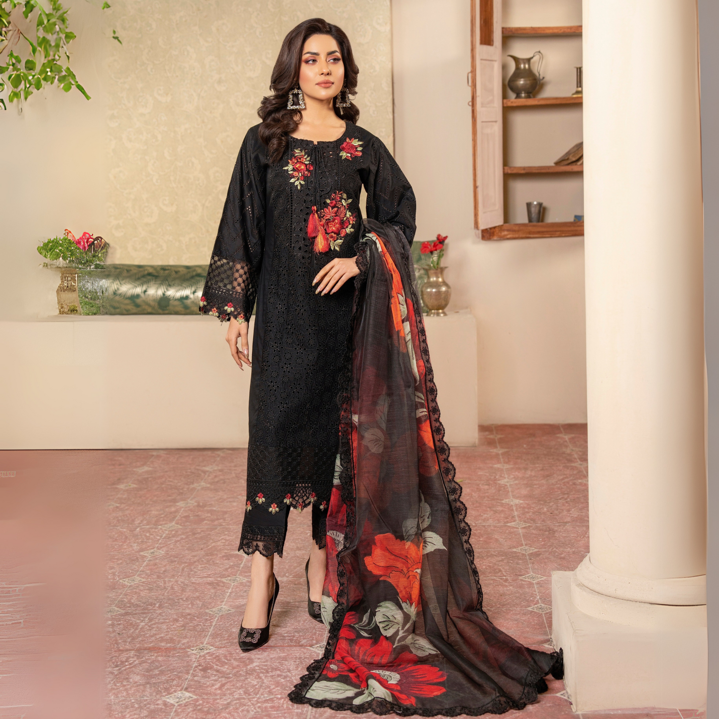 UKC-26 Embroidered Chikenkari Cambric Cotton Ready to Wear 3 Pc - Karma Collection