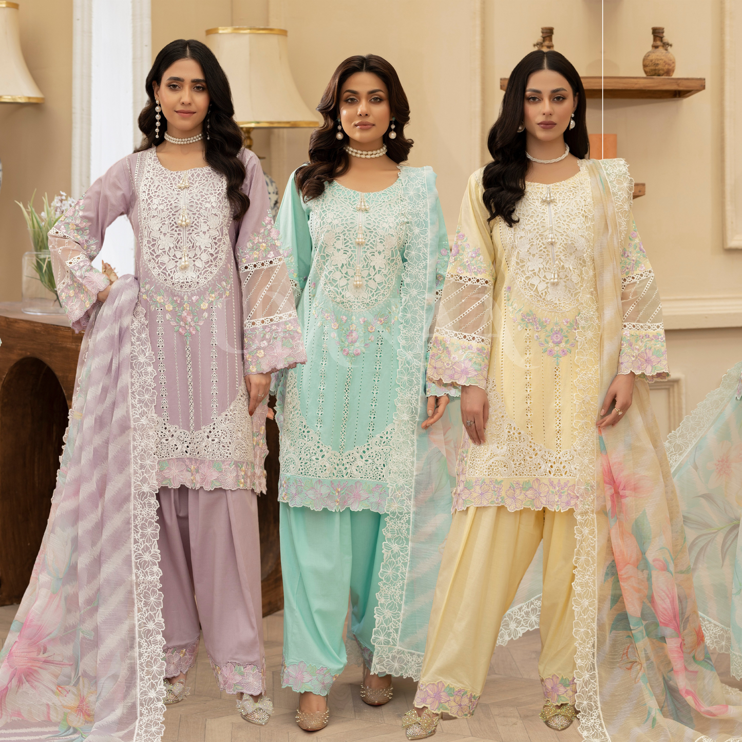 KC-1435 Embroidered Cambric Cotton Farshi Shalwar Kameez Ready to Wear 3 Pc - Karma Collection