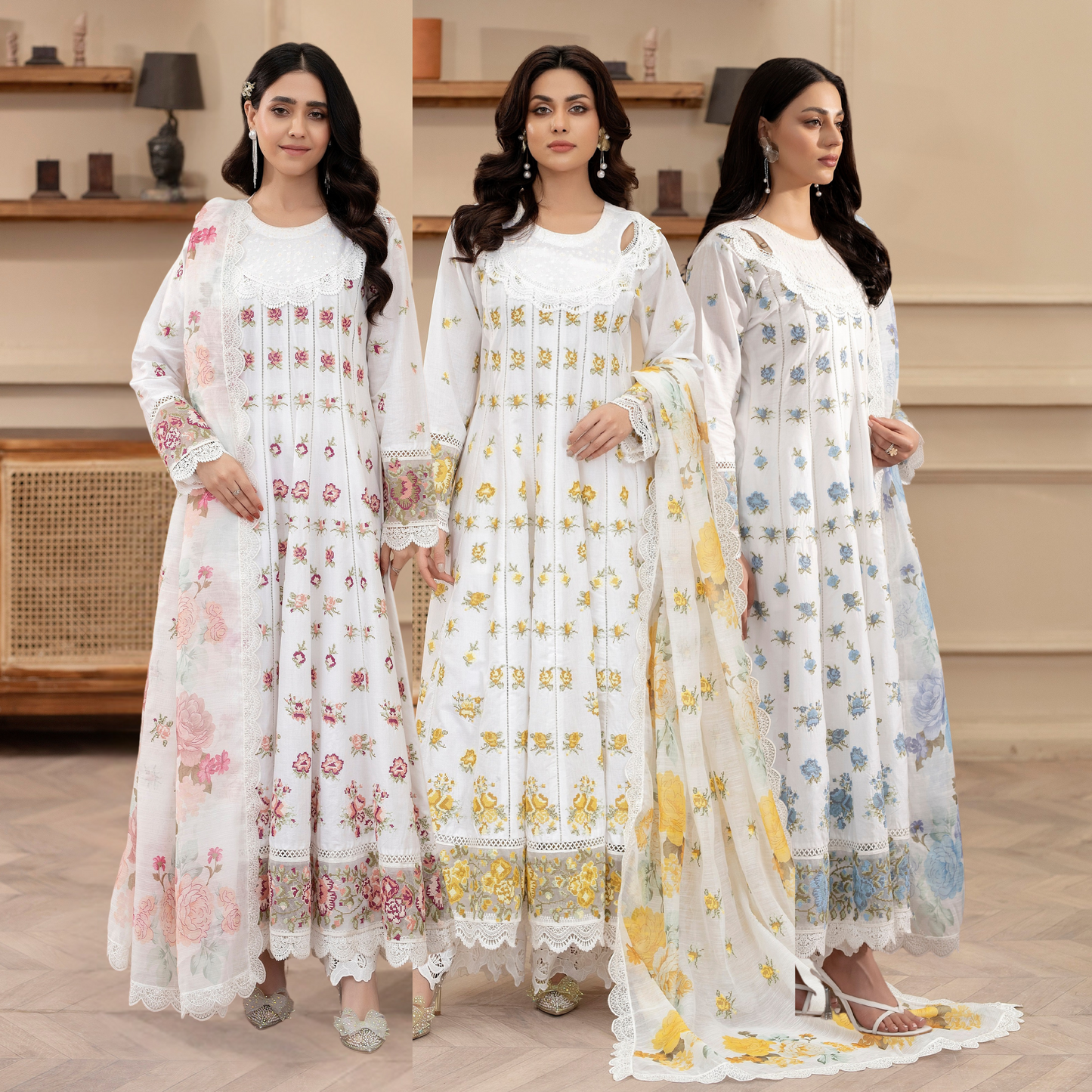 KC-1436 Embroidered Cambric Cotton long Frock Dress Ready to Wear 3 Pc - Karma Collection