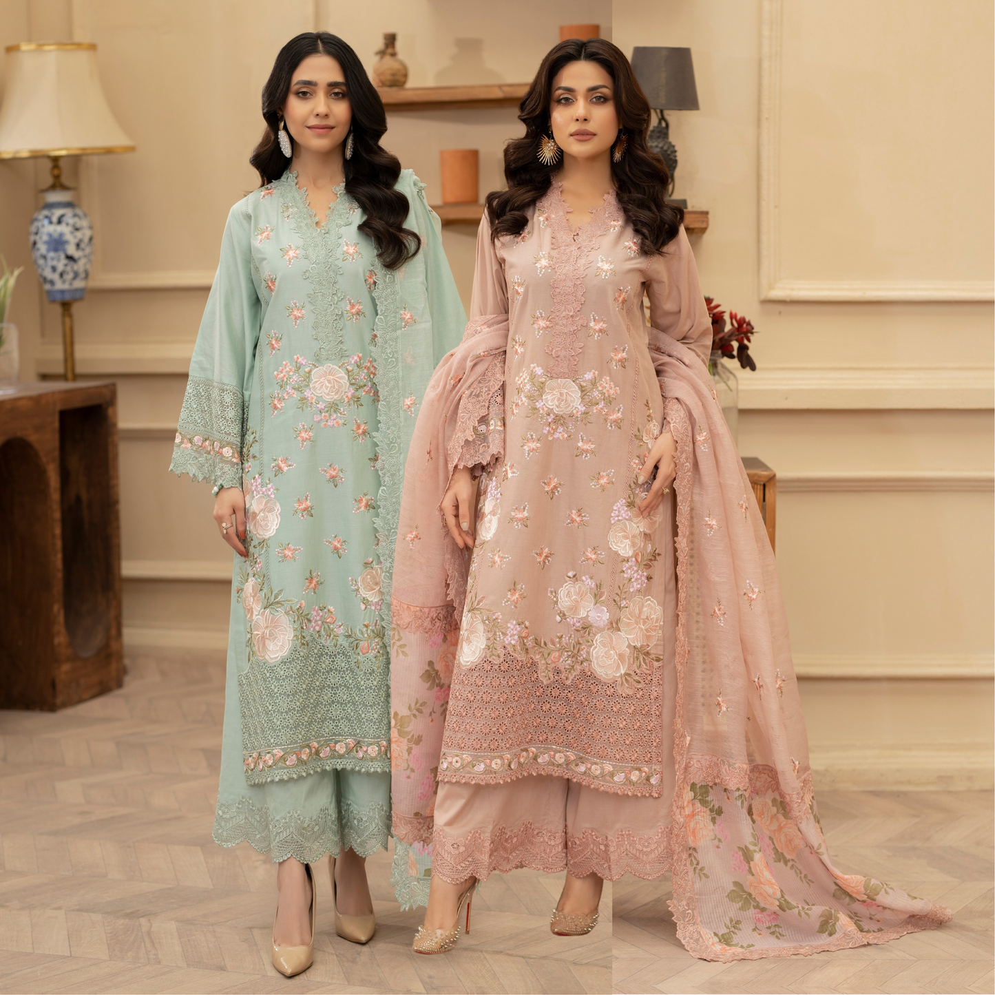 KC-1437 Embroidered Cambric Cotton long Frock Dress Ready to Wear 3 Pc - Karma Collection