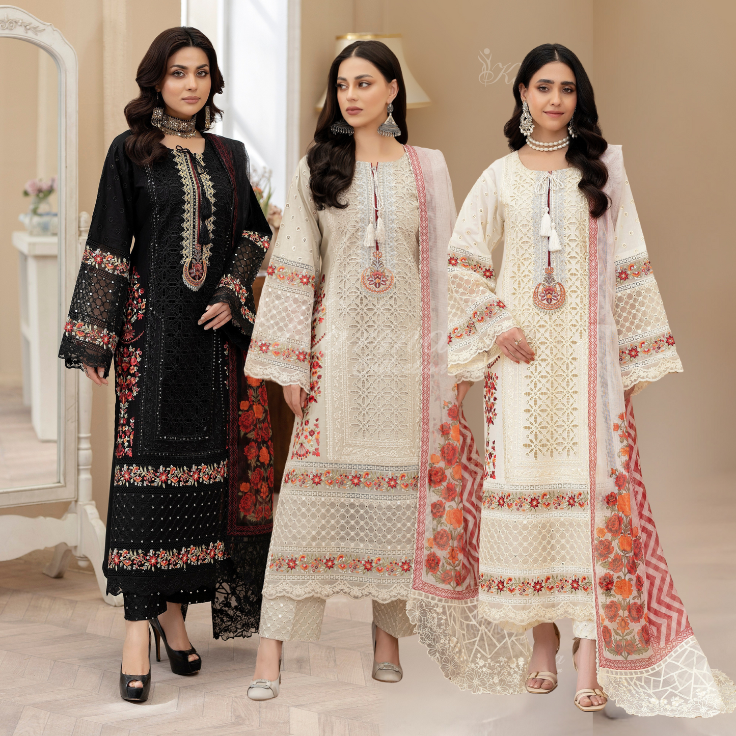 KC-1431 Embroidered Cambric Cotton Dress Ready to Wear 3 Pc - Karma Collection