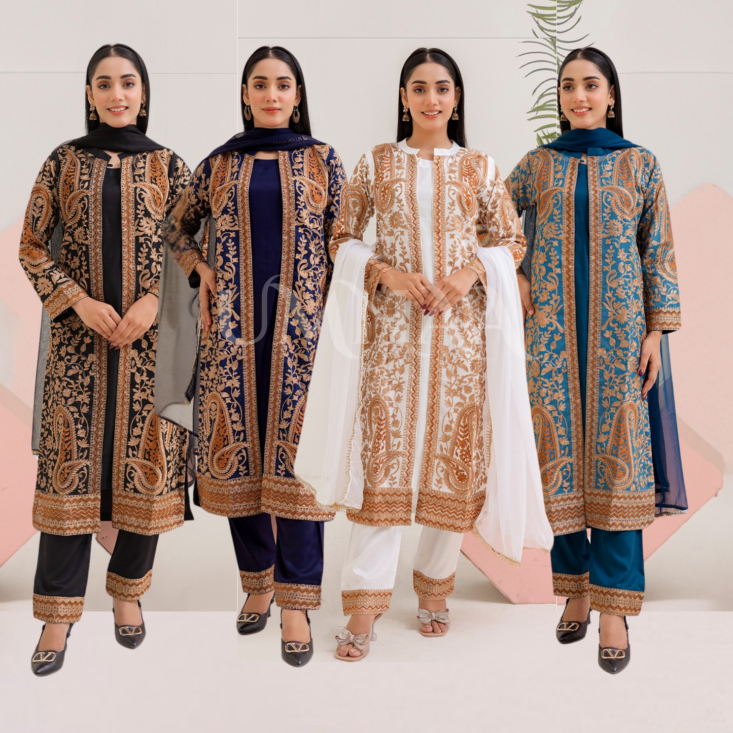 UMRZ-44 Embroidered Linen Coat Style Shirt with Pocket Trouser Dress and Chiffon Dupatta 3 Pc |Ready to Wear| Rangz