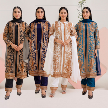 UMRZ-44 Embroidered Linen Coat Style Shirt with Pocket Trouser Dress and Chiffon Dupatta 3 Pc |Ready to Wear| Rangz