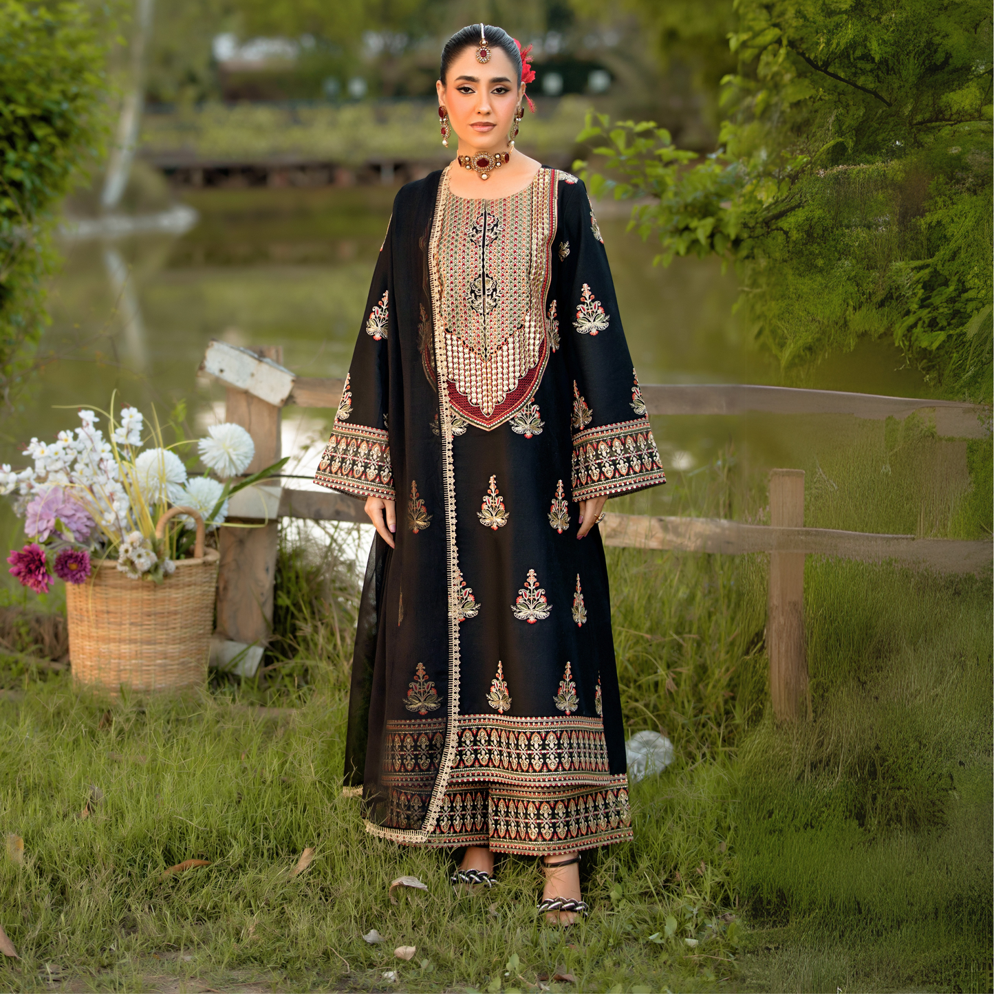 UHE-53 (black) 3 Pc Luxury Embroidered Cambric Cotton ready to wear Dress | Summer Wear | Heera's