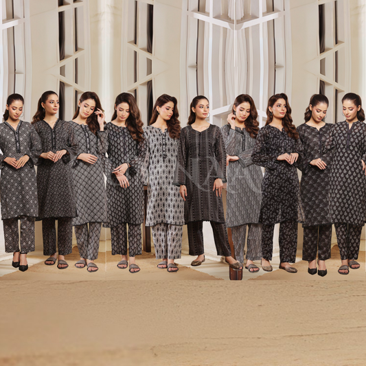 2 Pc Printed Lawn Monochrome Co-Ords Dress - Saphron