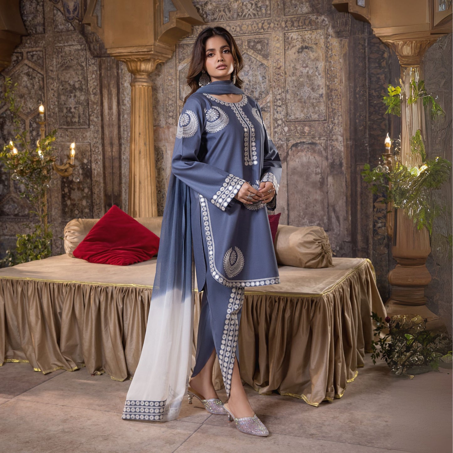 (Greyish Blue) 3 Pc Embroidered Cambric Cotton Ready to Wear Dress | Eid Wear | Heera's