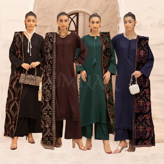 UMS-37 Hanna by Simrans Embroidered Dhanak Dress with Winter Laser Cut Shawl | Ready to Wear | Asian Clothes