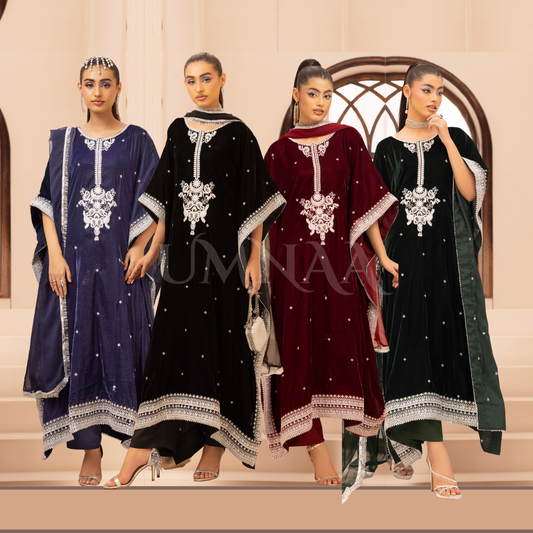 UMS-39 Zayna by Simrans Velvet Kaftan Embroidered 3 Pc Collection Asian Clothes  | Modest Wear