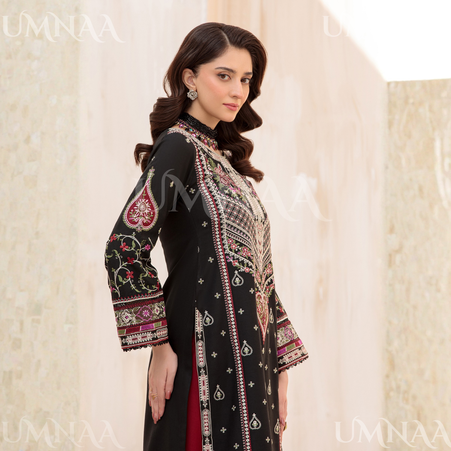 UA-145 Embroidered Dhanak dress with Pashmina Shawl | Umnaa