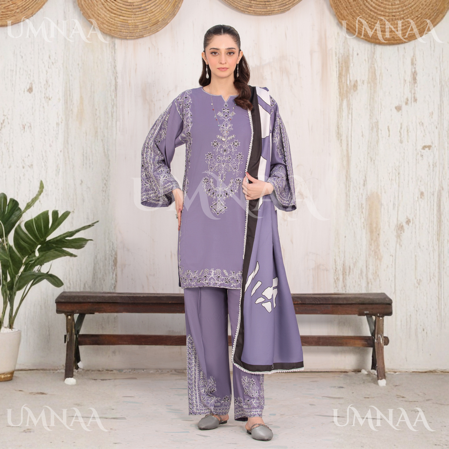 UA-146 Embroidered Linen dress with Pashmina Shawl | Umnaa