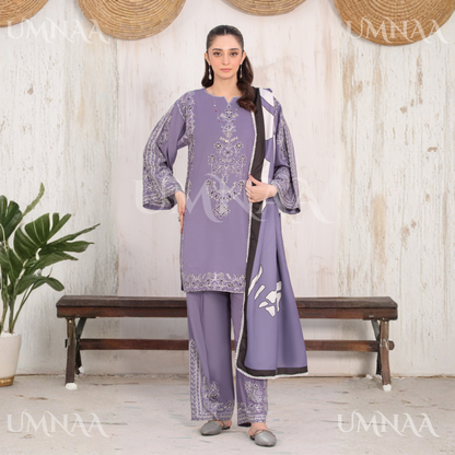 UA-146 Embroidered Linen dress with Pashmina Shawl | Umnaa