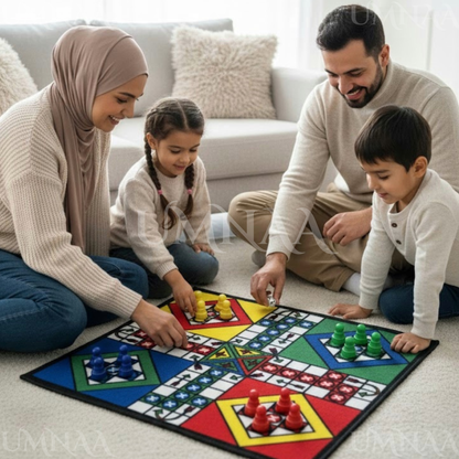 Ludo Carpet Mat – Soft Foldable Ludo Game Rug with 2 Dice & Full Token Set | Large Floor Ludo Board