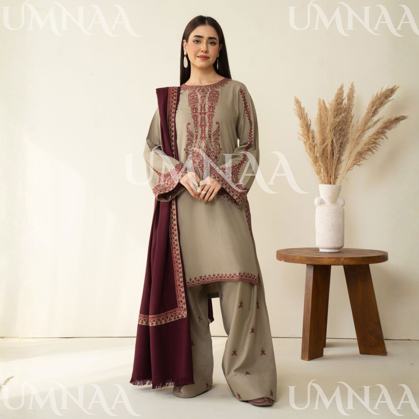 UA-151 Embroidered Winter Wear with Farshi Shalwar and Shawl Collection by Umnaa | Asian clothes