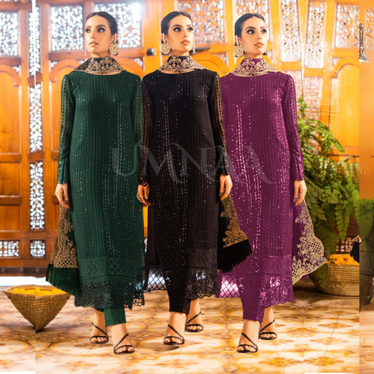 UA-101 Azure Inspired Embroidered Chiffon 3 Pc Dress | UMNAA