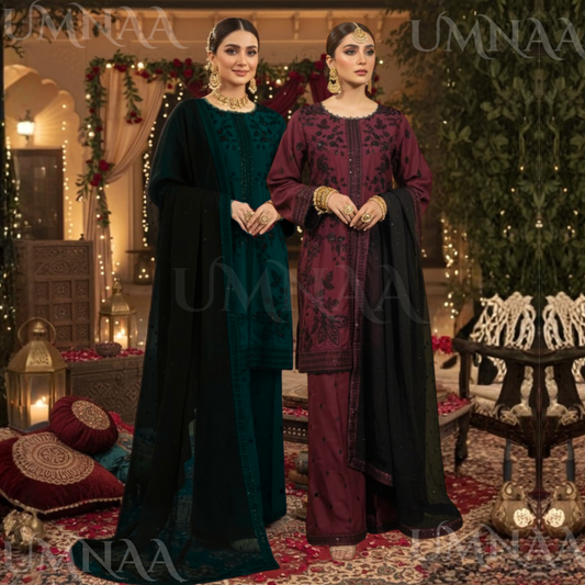 UA-158 Embroidered Slub Linen Farshi Shalwar dress by umnaa