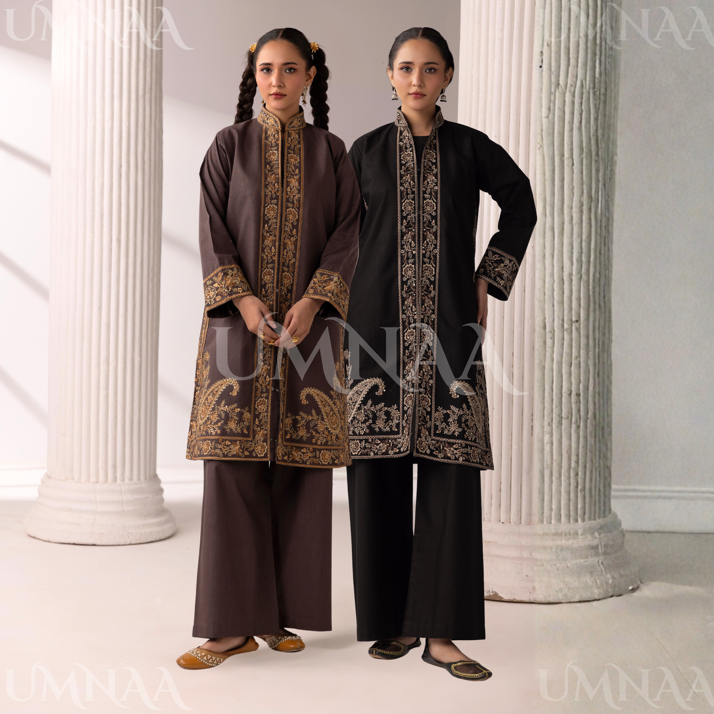 UMS-51 Maria.B inspired Embroidered Khaddar Jacket style dress with chiffon Duppatta by Simrans
