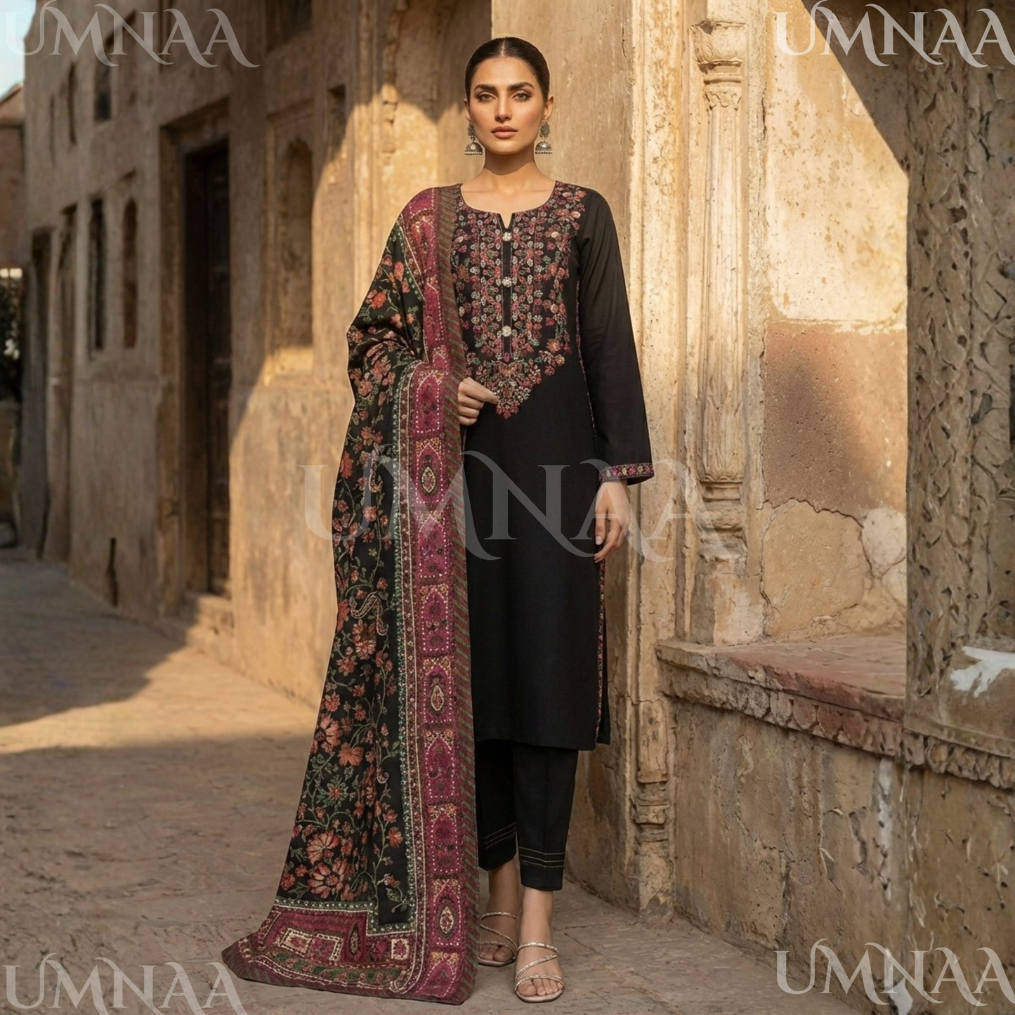 UA-161 Embroidered Dhanak dress with Pashmina Shawl by Umnaa