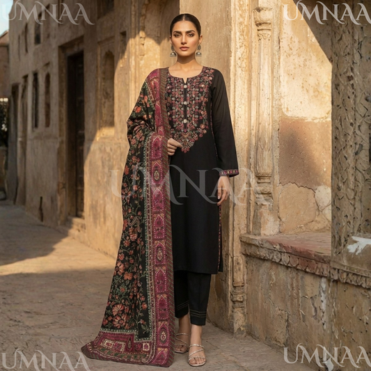 UA-161 Embroidered Dhanak dress with Pashmina Shawl by Umnaa